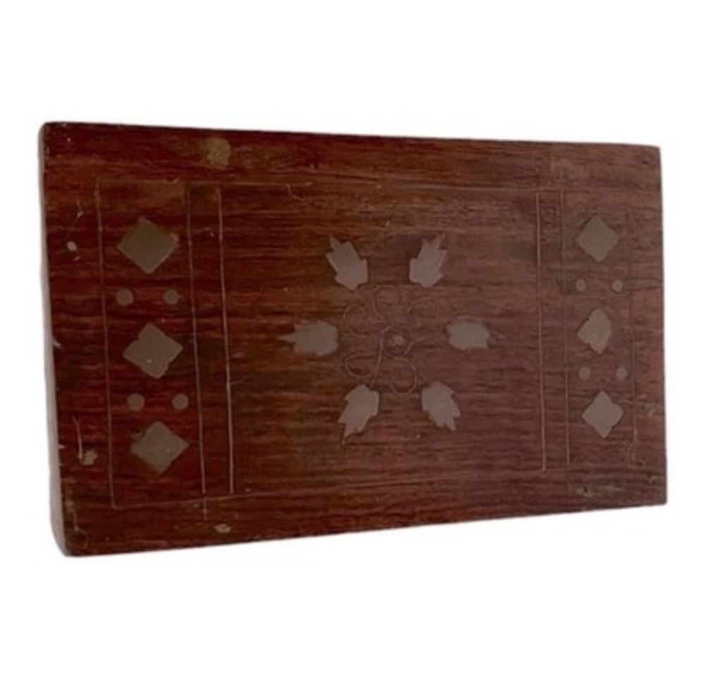 Vintage Wood Jewelry Box Golden Floral Inlay India 6" Handmade Treasure Chest
